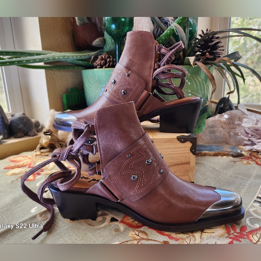 NWOT Free People Brown Lace-Up Boots with Silver Accents